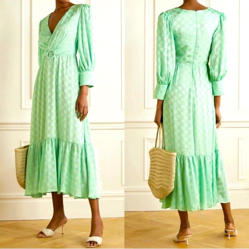 🌺🌺PatBO Satin Jacquard Dot Belted
Plunge Neck Midi Dress Aqua Mint🌺🌺